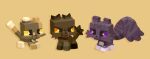  ambiguous_gender brown_body brown_fur domestic_cat felid feline felis feral fur group labbit1337 mammal microsoft minecraft mojang purple_sclera simple_background trio xbox_game_studios yellow_background yellow_sclera 