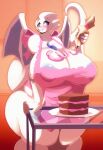  absurd_res anthro apron apron_only big_breasts blue_eyes body_writing breasts cake clothing dessert dragon feigning_innocence female food hi_res huge_breasts humanoid mostly_nude nipple_slip riendonut sia_(ninstarrune) solo tagme tail teasing thick_thighs white_body wings 