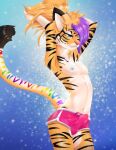  anthro athletic atigernamedcasey belly blue_eyes blue_nipples bottomwear bulge casey_winters caseythetiger clothed clothing digital_media_(artwork) erection felid flat_chested fur girly hair hi_res highlights_(coloring) just_woke_up male mammal midriff multicolored_tail nipples pantherine ponytail purple_hair rainbow_tail shorts simple_background snaggle_tooth solo sparkittyart stripes tail tenting tiger toned_body toned_stomach tying_hair 