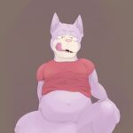  2016 absurd_res anthro bedroom_eyes bottomless bottomless_male brown_background clothed clothing crotch_tuft digital_media_(artwork) domestic_cat felid feline felis front_view hairless hairless_cat half-closed_eyes hand_on_knee hand_on_leg hand_on_own_knee hand_on_own_leg hi_res licking licking_lips licking_own_lips looking_down male mammal multicolored_body multicolored_skin narrowed_eyes nobodyshouse open_mouth open_smile purple_body purple_skin red_clothing red_topwear seductive sharp_teeth shirt simple_background slightly_chubby smile smirk solo sphynx_(cat) t-shirt tan_body tan_skin teeth tongue tongue_out topwear tuft two_tone_body two_tone_skin yellow_eyes 