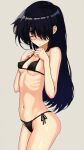  1girl bags_under_eyes bangs bikini black_bikini black_hair blush breasts cowboy_shot grey_background hair_over_one_eye highres izumozaki_neneko long_hair looking_at_viewer navel nose_blush onimushi_hyogo red_eyes ribs shironagasu-tou_e_no_kikan side-tie_bikini_bottom simple_background skinny small_breasts sweatdrop swimsuit 