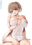  1girl blue_eyes breasts brown_hair cleavage collarbone covering cowboy_shot ebifurya highres holding holding_towel intrepid_(kancolle) kantai_collection large_breasts legs looking_at_viewer naked_towel nude_cover one-hour_drawing_challenge open_mouth ponytail short_hair sitting smile solo towel twitter_username wariza white_background 