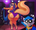  annoyed anthro belly_dancer blue_hair breasts canid canine carmelita_fox clothed clothing dancing duo ear_piercing female fox fur hair hi_res male mammal meme outletdraws piercing procyonid raccoon sly_cooper sly_cooper_(series) sony_corporation sony_interactive_entertainment sucker_punch_productions two_soyjaks_pointing 