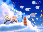 above_clouds absurdres blue_overalls blue_sky brown_footwear castle cloud coin facial_hair gloves green_headwear hat highres koopa_paratroopa luigi mario mario_(series) mustache overalls red_headwear sky super_mario_bros._3 supermaribou tagme white_gloves white_wings wings 