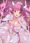  1girl bare_shoulders breasts cleavage demon_girl dress elbow_gloves fang gloves hands_up highres horns ironmouse large_breasts light_blush long_dress looking_at_viewer mi_taro333 multicolored_hair off-shoulder_dress off_shoulder open_mouth pink_dress pink_hair purple_eyes purple_hair shouting smile solo tiara two-tone_hair virtual_youtuber vshojo wings 