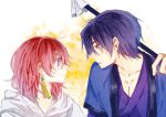  0819_chii 1boy 1girl akatsuki_no_yona black_hair blue_eyes blush closed_mouth frown hak_(akatsuki_no_yona) hetero highres looking_at_another multicolored_background open_mouth purple_eyes red_hair short_hair white_background yellow_background yona_(akatsuki_no_yona) 