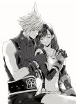  1boy 1girl bangs bare_shoulders closed_eyes closed_mouth cloud_strife collarbone commentary_request couple crop_top earrings elbow_gloves final_fantasy final_fantasy_vii fingerless_gloves gloves greyscale hand_on_another&#039;s_arm hand_on_another&#039;s_shoulder hetero holding_hands jewelry light_smile long_hair midriff miniskirt monochrome navel ribbed_sweater ruy single_earring sitting sitting_on_lap sitting_on_person skirt sleeveless sleeveless_turtleneck spiked_hair suspender_skirt suspenders sweater swept_bangs tank_top tifa_lockhart turtleneck turtleneck_sweater white_background 