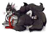  4_toes 8_tails black_body black_fur black_hair black_horn black_nose black_pawpads black_tail blush_symbol bodily_fluids canid canine claws collar colored convenient_censorship covering covering_crotch covering_self cuff_(restraint) detailed detailed_fur digital_media_(artwork) digitigrade eyelashes feet female feral fluffy fluffy_chest fluffy_tail flying_sweatdrops fox front_view full-length_portrait fur glistening glistening_body glistening_fur glistening_hair glistening_tail grey_body grey_ears grey_fur hair horn kemono leash leash_and_collar long_hair looking_at_viewer lying mammal mane mane_hair miku1215 monotone_ears monotone_hair monotone_tail multi_tail multicolored_body multicolored_fur neck_tuft nude on_side open_mouth orange_eyes pawpads paws pictographics portrait quadruped red_claws red_eyelashes restraints shackles shaded sharp_claws signature simple_background snout solo speech_bubble sweat sweatdrop tail tail_censorship teeth thick_fur thick_tail toe_claws toes tuft two_tone_body two_tone_fur white_background 