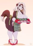  anthro apron breasts canid canine cleavage clothed clothing cookie female food footwear fur hi_res high_heels mammal mature_female mostly_nude multicolored_body multicolored_fur nimzy solo thick_thighs two_tone_body two_tone_fur 