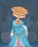  2016 anthro biped blue_clothing blue_dress breasts canid canine clothing dipstick_ears dress eyes_closed female fox fur hand_on_chest heimantahei ice_princess mammal multicolored_ears orange_body orange_fur solo 