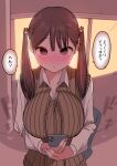  1girl bag bangs blush breasts brown_eyes brown_hair cellphone cleavage commentary earrings hair_ornament heart highres jewelry large_breasts long_hair looking_at_viewer original phone pink_nails school_bag school_uniform smartphone solo sweater_vest translated twintails zurikishi 