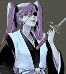  1girl :d ai_(ai1470) black_kimono black_ribbon bleach brown_eyes commentary_request eyepatch grey_background hair_ribbon highres holding holding_sword holding_weapon japanese_clothes katana kimono long_hair long_sleeves purple_hair ribbon saitou_furoufushi simple_background smile solo sword twintails upper_body very_long_hair weapon wide_sleeves 