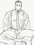  1boy alternate_costume bara dickfish_(fishismdick) expressionless feet_out_of_frame formal highres john_rottweil_(dickfish) large_pectorals looking_at_viewer male_focus muscular muscular_male necktie original pectorals scan shoes short_hair sketch socks solo spread_legs suspenders thick_eyebrows thick_thighs thighs traditional_media 
