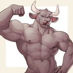  2023 abs anthro biceps blue_eyes bovid bovine brown_body brown_fur cattle flexing flexing_bicep fur grin half-length_portrait hand_on_hip hi_res horn jrjresq male mammal muscular muscular_anthro muscular_male nipples nude pecs portrait pose smile solo triceps 