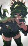  1girl adjusting_clothes adjusting_necktie breast_pocket breasts cleavage collared_shirt commentary_request dark-skinned_female dark_skin extra_mouth fukua_(skullgirls) green_eyes green_hair green_lips green_necktie green_shirt green_skirt hata4564 highres large_breasts leaning_forward living_hair long_hair looking_at_viewer necktie pocket school_uniform shirt signature simple_background skindentation skirt skullgirls smile solo sweat teeth 