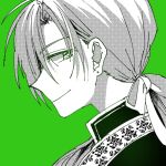  0819_chii 1boy akatsuki_no_yona closed_mouth earrings green_background hair_ribbon jeaha_(akatsuki_no_yona) jewelry korean_clothes long_hair low_ponytail male_focus partially_colored ribbon sketch smile solo stud_earrings 