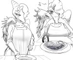  anthro apron bacon big_breasts blush breasts clothed clothing cooking crossgender dinosaur feathered_wings feathers female food goodbye_volcano_high hair half_shaved_head hi_res long_snout looking_at_viewer meat monochrome naser_(gvh) pterodactylus pterosaur reptile rexhastala scalie sequence simple_background sketch snoot_game_(fan_game) snout solo syrup white_background wings 