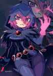  1girl absurdres bangs breasts cape closed_mouth colored_tips dc_comics hair_between_eyes highres looking_at_viewer medium_breasts mixed-language_commentary multicolored_hair pink_hair purple_hair rariatto_(ganguri) raven_(dc) short_hair solo teen_titans thighhighs thighs 