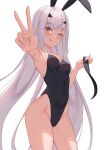  1girl ;p absurdres animal_ears armpits bare_arms bare_legs bare_shoulders black_leotard breasts cleavage commentary covered_navel covered_nipples cowboy_shot english_commentary fairy_knight_lancelot_(fate) fake_animal_ears fate/grand_order fate_(series) foreshortening groin hair_ornament highleg highleg_leotard highres holding holding_ribbon jilu leotard long_hair looking_at_viewer medium_breasts one_eye_closed outstretched_hand playboy_bunny rabbit_ears ribbon simple_background solo standing strapless strapless_leotard thighs tongue tongue_out v very_long_hair white_background white_hair yellow_eyes 