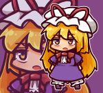  1girl bangs blonde_hair blush bow bowtie chibi commentary_request dress full_body hat hat_ribbon highres kide_koushin long_hair mob_cap multicolored_eyes open_mouth puffy_short_sleeves puffy_sleeves purple_background purple_dress purple_eyes red_bow red_bowtie red_ribbon ribbon short_sleeves touhou very_long_hair white_headwear yakumo_yukari yellow_eyes zoom_layer 