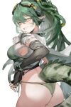  1girl antenna_hair arknights bikini crocodilian_tail dreadlocks elbow_gloves fingerless_gloves from_behind gas_mask gavial_(arknights) gavial_the_invincible_(arknights) gloves gnai goggles goggles_on_head green_bikini green_eyes green_hair highres looking_at_viewer looking_back mask mask_around_neck official_alternate_costume pointy_ears respirator shoulder_tattoo smile string_bikini swimsuit tail tattoo torn_clothes torn_gloves white_background 