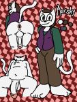  anthro anus balls barefoot belly biped bottomwear bulge butt clothing feet genitals male marshycat pants penis presenting presenting_hindquarters shirt smile solo topwear vest 