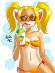  activision anthro arsbin beverage bikini blonde_hair breasts clothing crash_bandicoot_(series) crash_team_racing_(series) crash_team_racing_nitro-fueled female fur hair hi_res lips lipstick makeup mammal marsupial medium_breasts navel pasadena_o&#039;possum pigtails possum solo string_bikini swimwear 