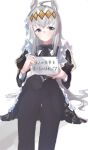  1girl absurdres ahoge alternate_costume animal_ears apron black_bow black_dress black_pantyhose blush bow closed_mouth dress enmaided feet_out_of_frame frilled_apron frills grey_eyes grey_hair ha_(hura76752775) highres holding holding_sign horse_ears horse_girl horse_tail juliet_sleeves knees_up long_hair long_sleeves maid multicolored_hair oguri_cap_(umamusume) pantyhose puffy_sleeves shadow sign simple_background sitting solo tail translation_request two-tone_hair umamusume very_long_hair white_apron white_background white_hair 