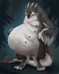  4:5 absurd_res anthro artist_name belly big_belly black_nipples black_tongue brown_eyes cheek_tuft facial_tuft fangs feathers featureless_crotch full-length_portrait glistening glistening_eyes grey_body grey_feathers hand_on_hip hi_res horn huge_belly male neck_tuft nipples open_mouth orange_sclera portrait roobin simple_background solo standing teeth tongue tongue_out tuft white_body white_horn xeronious_(character) 