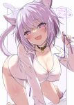  1girl :d all_fours alto_seneka animal_ears bare_legs barefoot black_collar blush breasts cat_ears cat_girl cat_tail cleavage collar come_hither commentary covered_nipples dated fang foot_out_of_frame heart heart_in_eye highres holding holding_ribbon hololive light_purple_hair looking_at_viewer loose_neck_ribbon medium_breasts nail_polish naked_shirt nekomata_okayu open_mouth purple_background purple_eyes purple_nails purple_ribbon ribbon shirt short_hair simple_background skin_fang smile solo symbol_in_eye tail thighs toenail_polish toenails virtual_youtuber white_background 