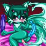  4_eyes 6_tails anal anal_penetration anthro anus asian_mythology balls bed big_dildo big_penis butt canid canine demon dildo dildo_in_ass dildo_insertion double_dildo east_asian_mythology fan_character fox fur furniture genitals green_body green_fur hi_res imp looking_down male mammal multi_eye multi_tail mythology object_in_ass penetration penis pink_eyes sega sex sex_toy sex_toy_in_ass sex_toy_insertion sirjzau solo sonic_the_hedgehog_(series) spade_tail tail tory_the_impfox 