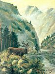  1908 20th_century absurd_res adolf_hitler_(artist) ancient_art antlers brown_body brown_fur cervine cloud day deer elk feral forest fur grass hi_res horn male mammal mountain nature nature_background open_mouth outside painting_(artwork) plant rock signature solo traditional_media_(artwork) tree water 