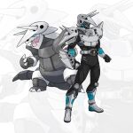  1boy aggron armor armored_boots aron artist_name belt black_bodysuit bodysuit boots claws clenched_hands commentary english_commentary full_body grey_footwear grey_headwear helmet highres kamen_rider kamen_rider_ryuki_(series) knee_pads male_focus official_art_inset personification pokemon pokemon_(creature) shoulder_armor shoulder_spikes signature spikes standing to_ze white_background zoom_layer 