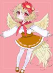 1girl animal animal_on_head bangs bird bird_on_head bird_tail bird_wings blonde_hair blush chick closed_mouth dress feathered_wings hair_between_eyes highres long_sleeves multicolored_hair niwatari_kutaka on_head orange_dress orange_footwear outstretched_arms pink_background red_eyes red_hair renakobonb shirt shoes short_hair solo spread_arms tail thighhighs touhou twitter_username two-tone_hair white_shirt white_thighhighs wings yellow_wings 