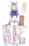  1girl :&lt; absurdres ahoge animal_ears arrow_(symbol) asymmetrical_legwear bag bangs breasts cup_noodle food fruit grey_eyes grey_hair grocery_bag ha_(hura76752775) highres horse_ears horse_girl horse_tail long_hair looking_at_viewer mandarin_orange minigirl multicolored_hair no_shoes oguri_cap_(umamusume) parted_lips pleated_skirt puffy_short_sleeves puffy_sleeves purple_shirt shirt shopping_bag short_sleeves simple_background skirt small_breasts solo tail thighhighs thighhighs_pull translation_request triangle_mouth two-tone_hair umamusume very_long_hair white_background white_hair white_skirt white_thighhighs 