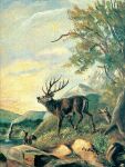  1908 20th_century absurd_res adolf_hitler_(artist) ancient_art antlers brown_body brown_fur cervine cloud day deer elk female feral forest fur grass group hi_res horn male mammal mountain nature nature_background outside painting_(artwork) plant rock signature tongue tongue_out traditional_media_(artwork) tree trio water waterfall 