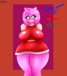  absurd_res amy_rose anthro big_breasts blush blush_lines breasts clothed clothing comradesky dress eulipotyphlan eyelashes female fur green_eyes hedgehog hi_res huge_breasts mammal nipple_outline orange_background pink_body pink_fur purple_background red_clothing red_dress sega simple_background solo sonic_the_hedgehog_(series) strip_game tan_body tan_fur thick_thighs wide_hips 