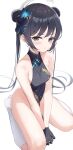  1girl absurdres bangs bare_hips bare_shoulders black_hair blue_archive blurry blush breasts butterfly_hair_ornament china_dress chinese_clothes collarbone covered_navel depth_of_field double_bun dress grey_eyes hair_bun hair_ornament halo highres kisaki_(blue_archive) kneehighs long_hair looking_at_viewer shirokuma_(zeroillya) sideboob simple_background sitting small_breasts socks solo swept_bangs twintails very_long_hair white_background 