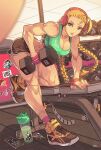  antenna_hair biceps blonde_hair blue_eyes bottle braid breasts cammy_white chun-li dumbbell edwin_huang exercise final_fantasy final_fantasy_vii final_fantasy_vii_remake fingerless_gloves gloves headphones key large_breasts looking_at_viewer muscular muscular_female nail_polish phone red_gloves ryu_(street_fighter) shoes shorts socks sports_bra sticker street_fighter street_fighter_v sweat thighs tifa_lockhart twin_braids union_jack water_bottle 