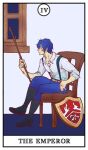  1boy adam_moonlit black_footwear blue_eyes blue_hair blue_pants boots chair coat_of_arms collarbone crossed_legs evillious_nendaiki from_side full_body highres holding holding_staff holding_stick kaito_(vocaloid) knee_boots looking_to_the_side lorehappy moonlit_bear_(vocaloid) open_clothes open_collar open_shirt pants profile shield shirt short_hair sitting smile solo staff stick striped striped_shirt suspenders tarot the_emperor_(tarot) unbuttoned unbuttoned_shirt vocaloid window 