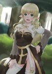  1girl aoi_hito arch_bishop_(ragnarok_online) bangs blonde_hair blue_eyes blurry blurry_background blush breasts bush cleavage cleavage_cutout clothing_cutout commentary_request contrapposto cowboy_shot cross dress dutch_angle fishnet_thighhighs fishnets forest frilled_thighhighs frills hand_on_hip juliet_sleeves long_hair long_sleeves looking_at_viewer medium_breasts nature open_mouth outdoors panties pantyshot pelvic_curtain pink_panties pointy_ears puffy_sleeves ragnarok_online sash sidelocks smile solo thighhighs tree two-tone_dress underwear wavy_hair white_dress white_thighhighs yellow_sash 