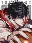  ajrtkf44 ball bangs basketball basketball_jersey basketball_uniform black_eyes black_hair copyright_name hair_between_eyes highres holding holding_ball korean_commentary looking_at_viewer red_shirt rukawa_kaede shirt short_hair slam_dunk_(series) sleeveless sleeveless_shirt sportswear sweat 