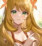  1girl absurdres bare_shoulders blonde_hair blush celine_(fire_emblem) commentary_request dress fire_emblem fire_emblem_engage green_eyes hair_ornament highres jurge looking_at_viewer off-shoulder_dress off_shoulder solo upper_body 