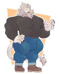  absurd_res anthro big_hands big_muscles boots bottomwear claws clothed clothing denim denim_clothing eyebrows felid feline footwear front_view fur hi_res huge_muscles jeans lion male mammal muscular muscular_male pantherine pants paws peculiart solo sweater tail tan_body tan_fur thick_eyebrows tight_clothing tight_sweater tight_topwear topwear 