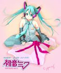  1girl aqua_eyes aqua_hair artist_request blue_necktie detached_sleeves grey_shirt happy hatsune_miku long_hair necktie non-web_source shirt sleeveless sleeveless_shirt smile solo twintails very_long_hair vocaloid wrapping_paper 