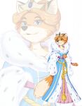  2019 anthro biped blue_clothing blue_dress blue_eyes breasts canid canine cleavage clothed clothing crown dipstick_ears dipstick_tail dress eyelashes female fox fur gomerz22 headgear hi_res ice_princess mammal markings multicolored_ears orange_body orange_fur pink_clothing pink_dress princess royalty solo standing tail tail_markings tan_body tan_fur zoom_layer 