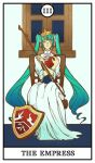  1girl apple aqua_eyes aqua_hair aqua_nails coat_of_arms crown curly_hair dress eve_moonlit evillious_nendaiki food fruit gradient_hair hair_ribbon hatsune_miku high_collar highres holding holding_food holding_fruit holding_staff holding_stick long_dress long_hair looking_to_the_side lorehappy moonlit_bear_(vocaloid) multicolored_hair red_apple ribbon shield sideways_glance sitting smile solo staff stick tarot the_empress_(tarot) twintails very_long_hair vocaloid white_dress white_ribbon window 