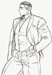  1boy bara dickfish_(fishismdick) feet_out_of_frame formal from_side hand_on_hip highres john_rottweil_(dickfish) looking_to_the_side male_focus muscular muscular_male necktie original pants scan short_hair sideburns sketch solo suit thick_eyebrows thick_thighs thighs traditional_media undercut vest 