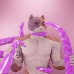  anthro arm_tattoo blender_(software) blender_eevee calico_cat clothed clothing creamcoffee domestic_cat epic_games felid feline felis fortnite grabbing_neck hi_res imminent_sex male male/male mammal meowscles solo tattoo tentacle_grab tentacles topless topless_male 
