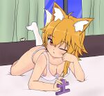  1girl :o ahoge animal_ear_fluff animal_ears asymmetrical_hair bangs blonde_hair blush bra breasts cleavage commentary_request cookie_(touhou) curtains expressionless food fox_ears fox_girl fox_tail full_body gariballon hair_between_eyes hanging_breasts indoors leaning_forward looking_at_viewer medium_breasts medium_hair miramikaru_riran omelet on_bed one_eye_closed open_mouth panties pink_bra pink_panties red_eyes sidelocks socks solo sweat tail tamagoyaki underwear underwear_only white_socks window 